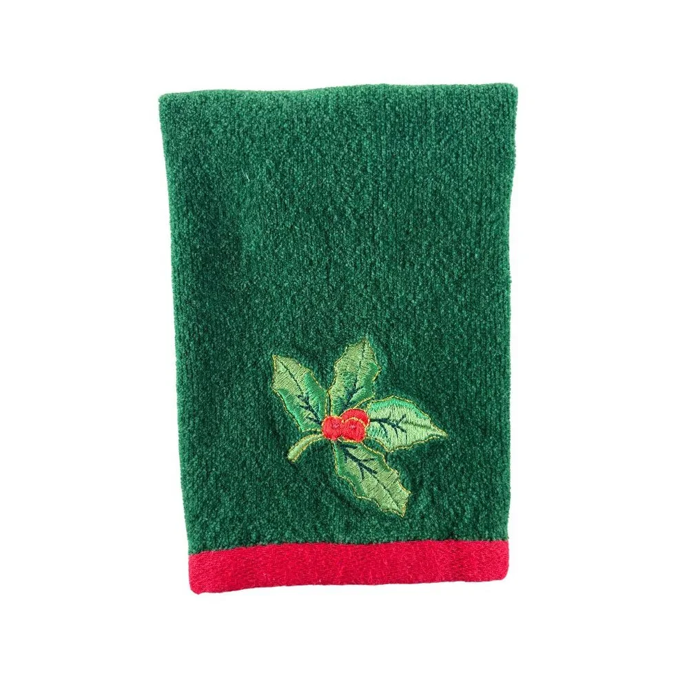 Holiday Christmas Hand Towel Green Red Holly Embroidered Kitchen Decor